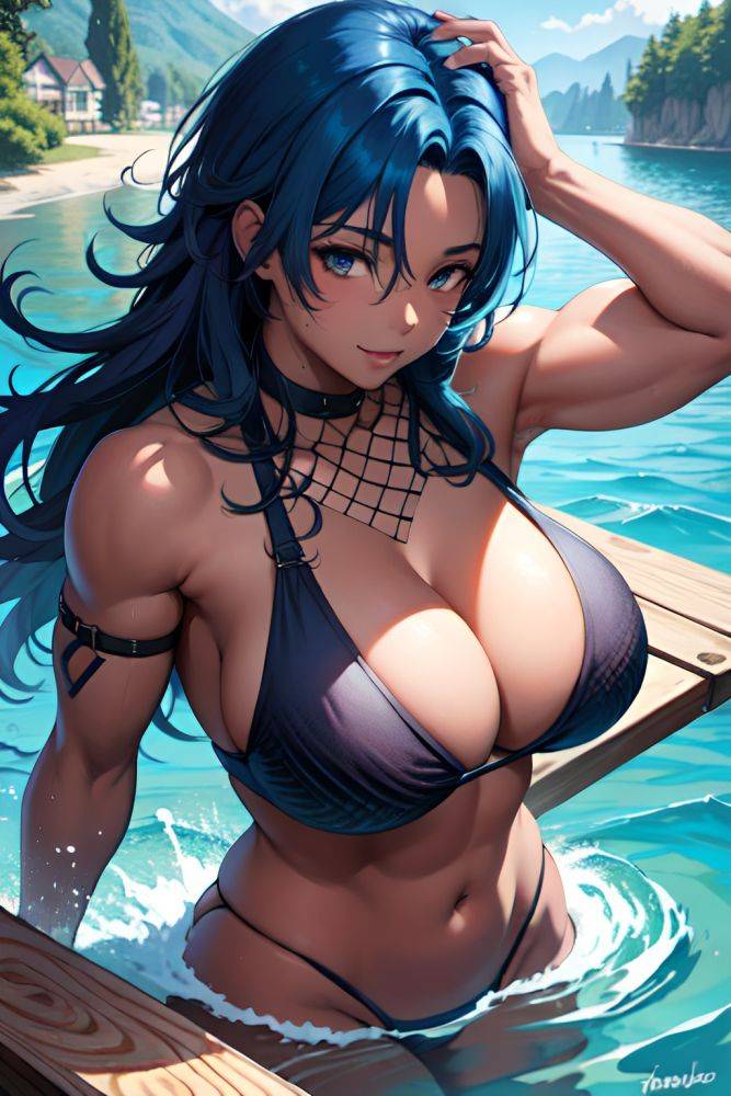 Anime Muscular Huge Boobs 18 Age Happy Face Blue Hair Messy Hair Style Dark Skin Painting Lake Front View Plank Fishnet 3677125515351251863 - AI Hentai - #main