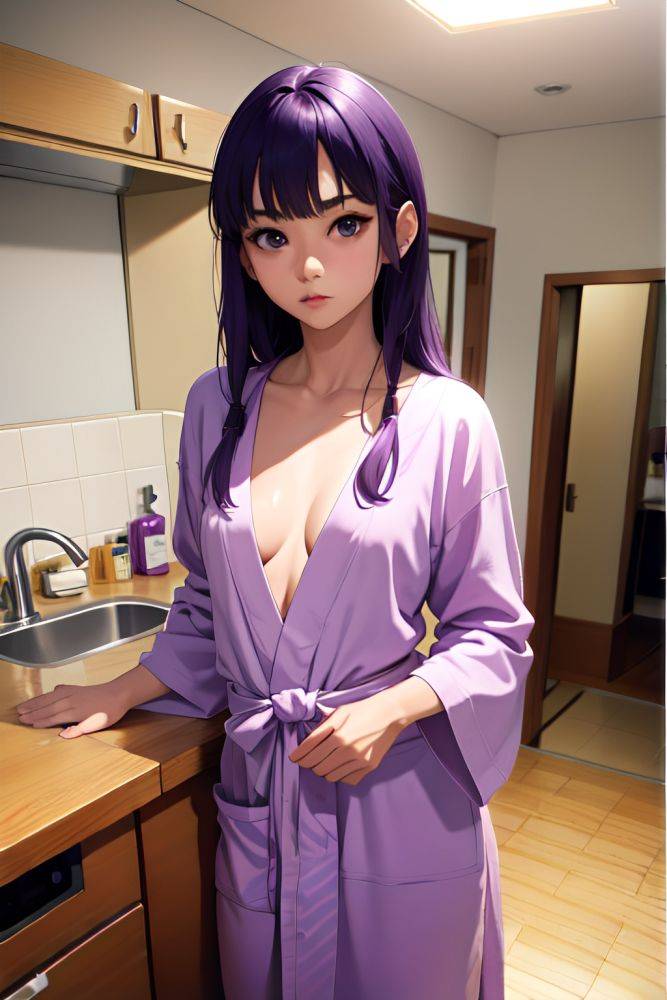 Anime Skinny Small Tits 80s Age Serious Face Purple Hair Bangs Hair Style Light Skin Crisp Anime Kitchen Front View Bathing Bathrobe 3677171901462529859 - AI Hentai - #main