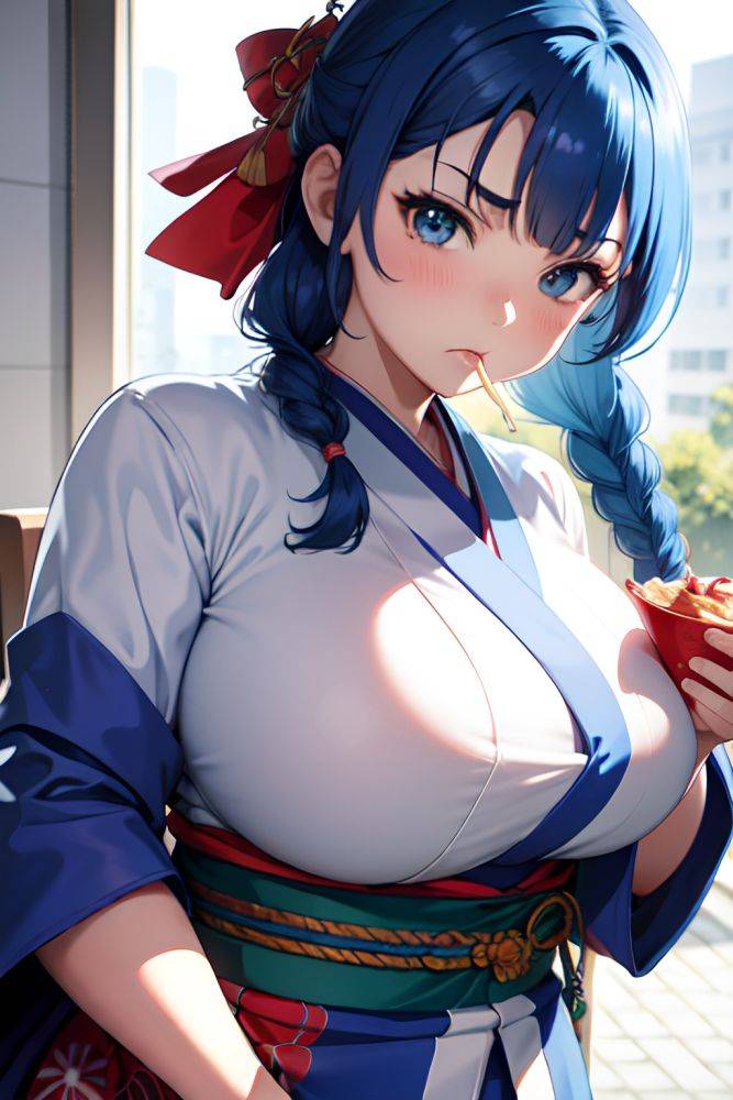 Anime Chubby Huge Boobs 30s Age Angry Face Blue Hair Braided Hair Style Light Skin Crisp Anime Hospital Close Up View Eating Kimono 3677256941352326558 - AI Hentai - #main