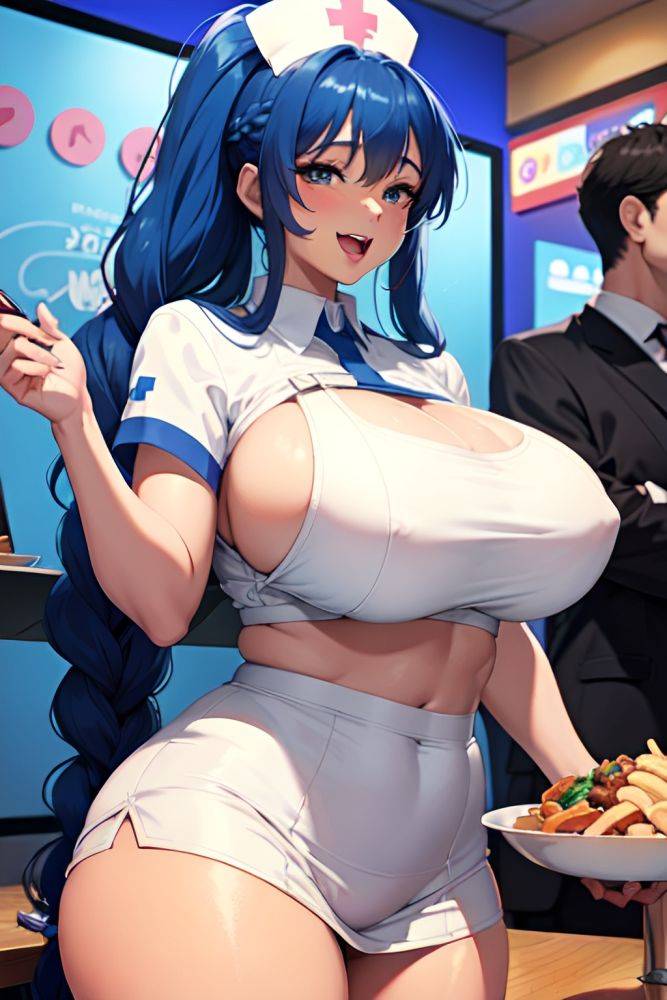 Anime Chubby Huge Boobs 60s Age Laughing Face Blue Hair Braided Hair Style Dark Skin Illustration Party Front View Eating Nurse 3677260807310446030 - AI Hentai - #main
