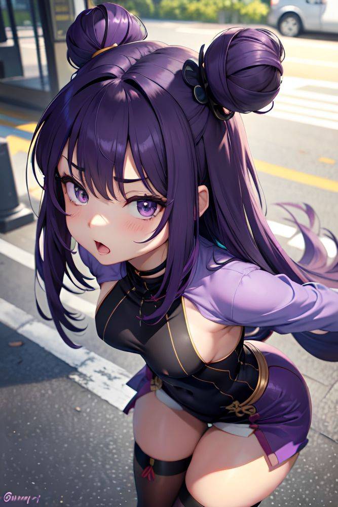 Anime Muscular Small Tits 20s Age Shocked Face Purple Hair Bangs Hair Style Dark Skin Charcoal Bus Close Up View T Pose Geisha 3677268538251674565 - AI Hentai - #main