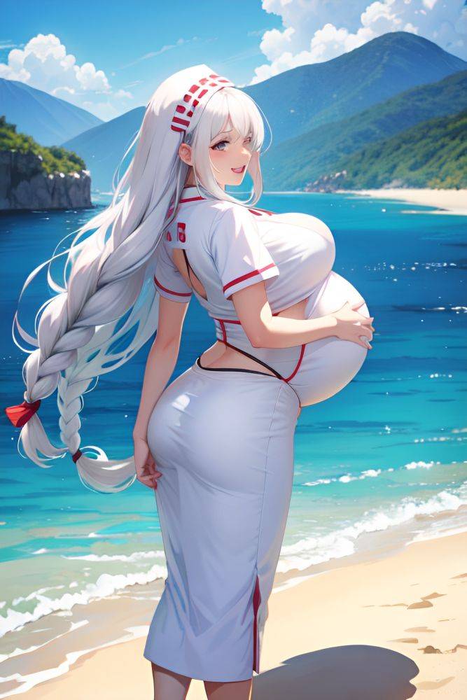 Anime Pregnant Huge Boobs 18 Age Laughing Face White Hair Braided Hair Style Light Skin Watercolor Beach Back View On Back Nurse 3677628026531618935 - AI Hentai - #main