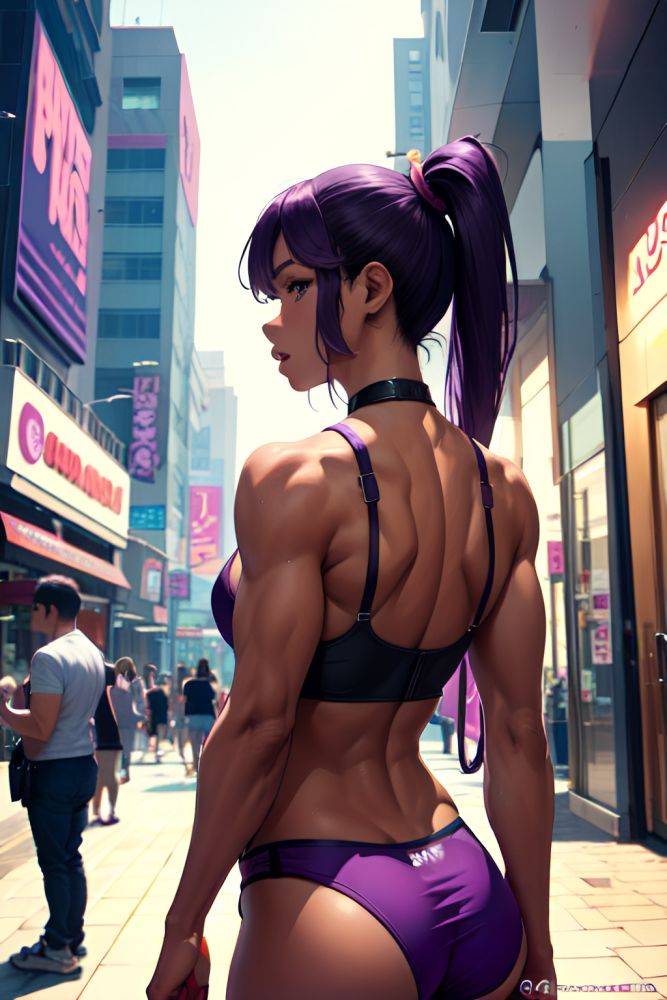 Anime Muscular Small Tits 30s Age Shocked Face Purple Hair Ponytail Hair Style Dark Skin Cyberpunk Mall Back View Cumshot Bra 3677678278096726200 - AI Hentai - #main