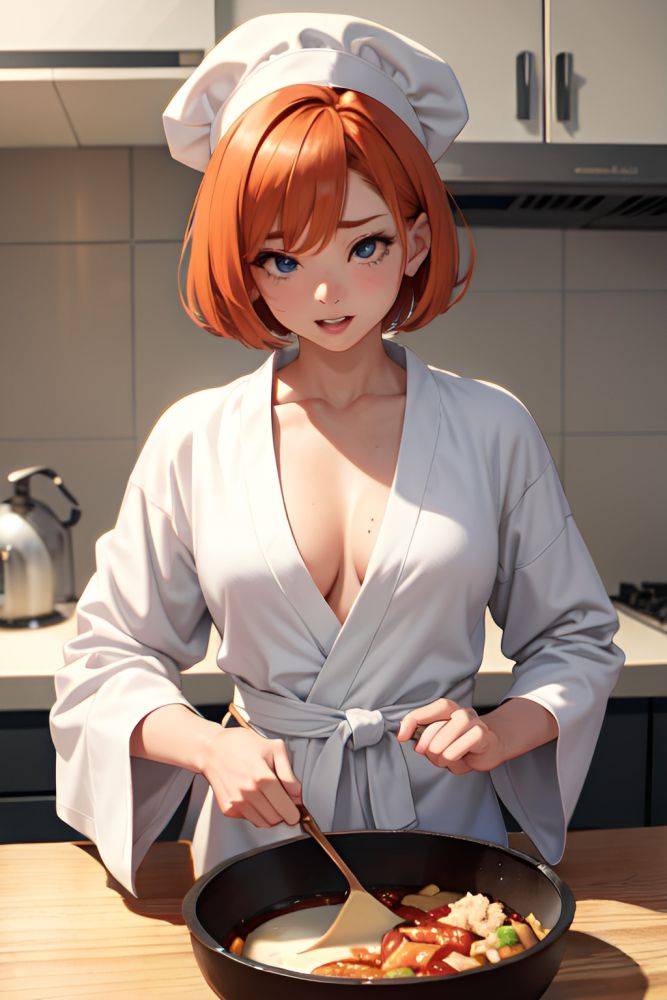 Anime Muscular Small Tits 30s Age Ahegao Face Ginger Bobcut Hair Style Light Skin Soft Anime Kitchen Front View Cooking Bathrobe 3677689874548895221 - AI Hentai - #main