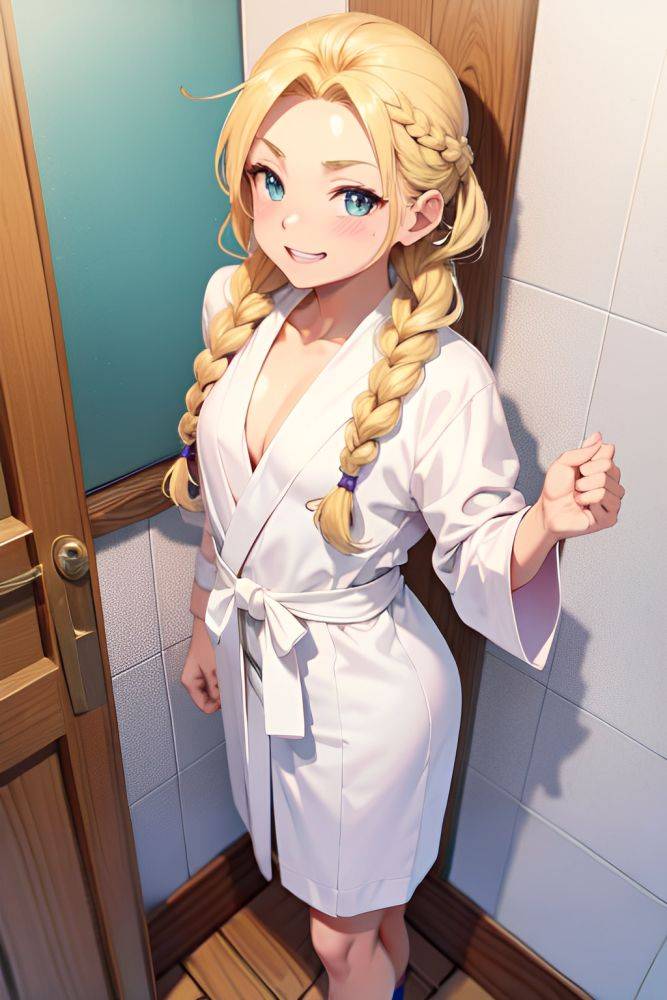 Anime Muscular Small Tits 20s Age Happy Face Blonde Braided Hair Style Light Skin Soft Anime Bathroom Front View Plank Bathrobe 3677740125179389518 - AI Hentai - #main