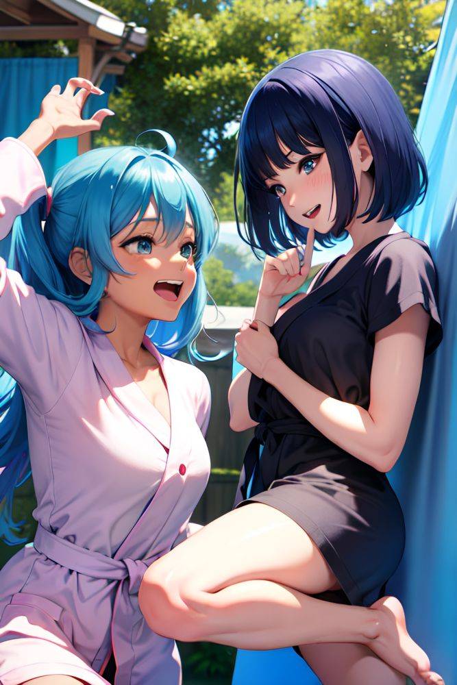 Anime Busty Small Tits 80s Age Laughing Face Blue Hair Bangs Hair Style Dark Skin Charcoal Tent Side View Jumping Bathrobe 3677771049431967601 - AI Hentai - #main