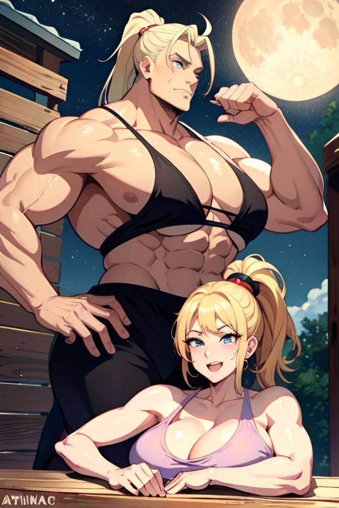Anime Muscular Huge Boobs 50s Age Ahegao Face Blonde Ponytail Hair Style Light Skin Painting Moon Front View Plank Pajamas 3677863820686548031 - AI Hentai - #main