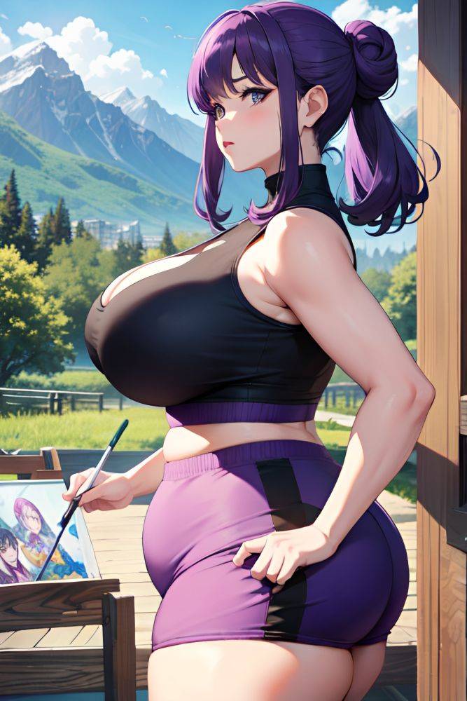 Anime Chubby Huge Boobs 60s Age Serious Face Purple Hair Hair Bun Hair Style Light Skin Painting Mountains Side View Working Out Goth 3677902475432967993 - AI Hentai - #main