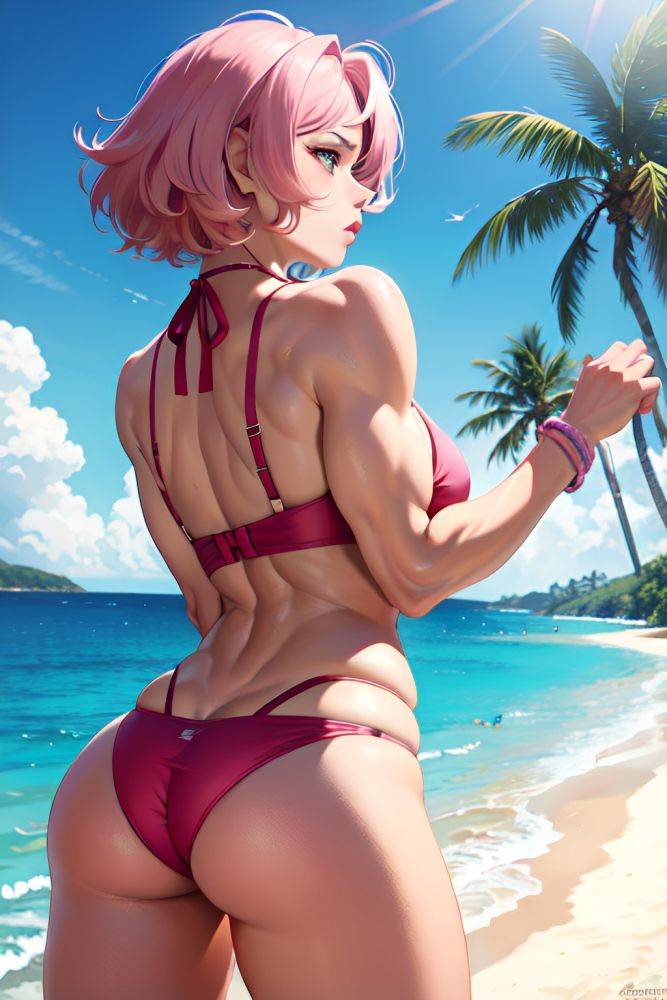 Anime Muscular Huge Boobs 80s Age Pouting Lips Face Pink Hair Bobcut Hair Style Light Skin Film Photo Beach Back View Working Out Lingerie 3677979784845477926 - AI Hentai - #main