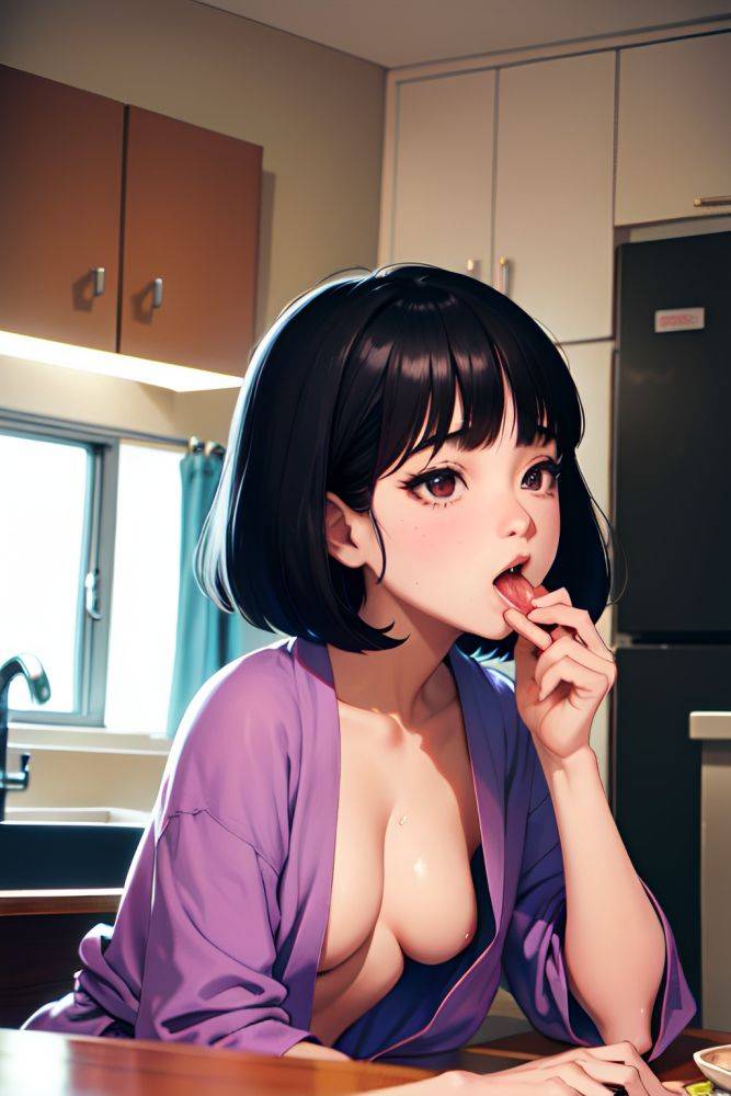Anime Busty Small Tits 70s Age Orgasm Face Black Hair Bobcut Hair Style Light Skin Comic Kitchen Close Up View Eating Bathrobe 3681910968356009930 - AI Hentai - #main