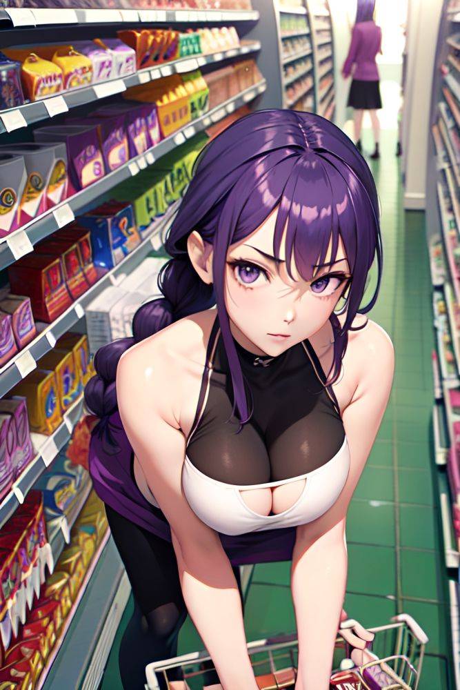 Anime Skinny Huge Boobs 40s Age Serious Face Purple Hair Braided Hair Style Light Skin 3d Grocery Front View Bending Over Goth 3682042394356742287 - AI Hentai - #main