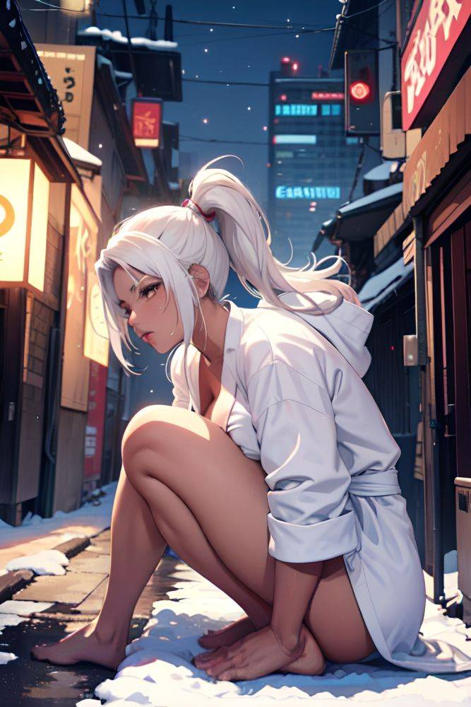 Anime Muscular Huge Boobs 40s Age Sad Face White Hair Ponytail Hair Style Dark Skin Cyberpunk Snow Side View Bending Over Bathrobe 3683662025001159599 - AI Hentai - #main