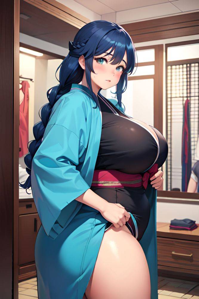 Anime Chubby Huge Boobs 30s Age Sad Face Blue Hair Braided Hair Style Dark Skin Charcoal Changing Room Front View Massage Kimono 3683793452526473569 - AI Hentai - #main