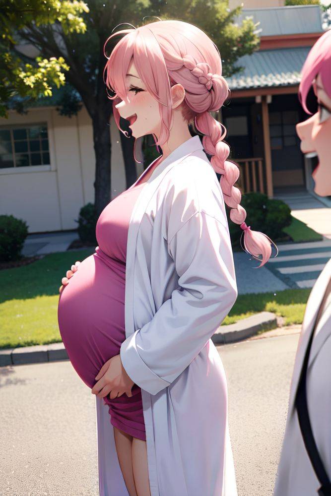 Anime Pregnant Small Tits 50s Age Laughing Face Pink Hair Braided Hair Style Light Skin Black And White Oasis Side View Eating Bathrobe 3684145210351988517 - AI Hentai - #main