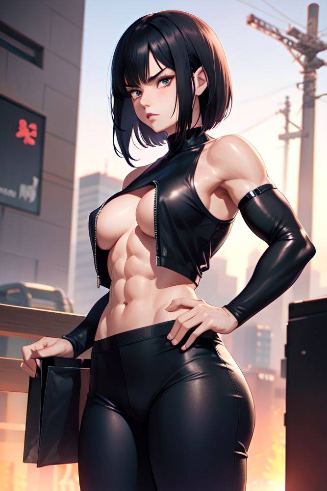 Anime Muscular Small Tits 40s Age Angry Face Black Hair Bangs Hair Style Light Skin Cyberpunk Cafe Front View Working Out Goth 3684241844420178625 - AI Hentai - #main