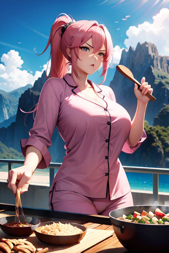 Anime Busty Huge Boobs 30s Age Angry Face Pink Hair Ponytail Hair Style Dark Skin Skin Detail (beta) Mountains Front View Cooking Pajamas 3684307561367502002 - AI Hentai - #main