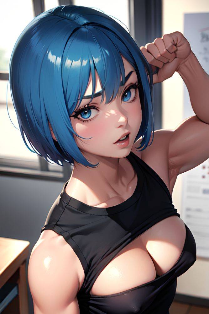 Anime Muscular Small Tits 50s Age Shocked Face Blue Hair Bobcut Hair Style Dark Skin Charcoal Office Close Up View Working Out Teacher 3684489234539557093 - AI Hentai - #main