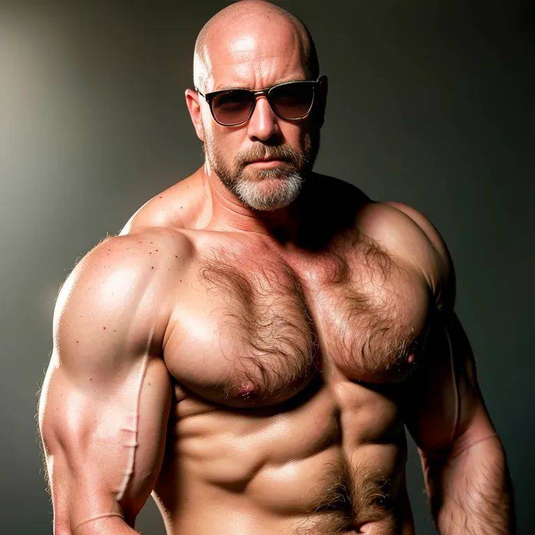 ,white people,manly man,elder,(RAW photo, best quality, masterpiece:1.1), (realistic, photo-realistic:1.2), ultra-detailed, ultra high res, physically-based rendering,bald,red hair,muscular,tattoo,abs,collar,sunglasses,nude,sun,full body,(adult:1.5) - #main