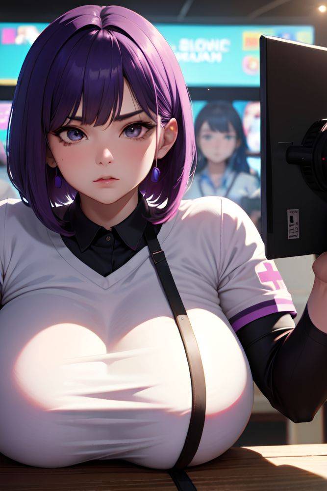 Anime Chubby Huge Boobs 18 Age Serious Face Purple Hair Bobcut Hair Style Dark Skin Cyberpunk Stage Close Up View Gaming Nurse 3684562680768998405 - AI Hentai - #main