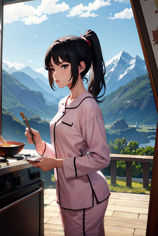 Anime Skinny Small Tits 50s Age Serious Face Black Hair Ponytail Hair Style Light Skin Painting Mountains Side View Cooking Pajamas 3684558813010458118 - AI Hentai - #main