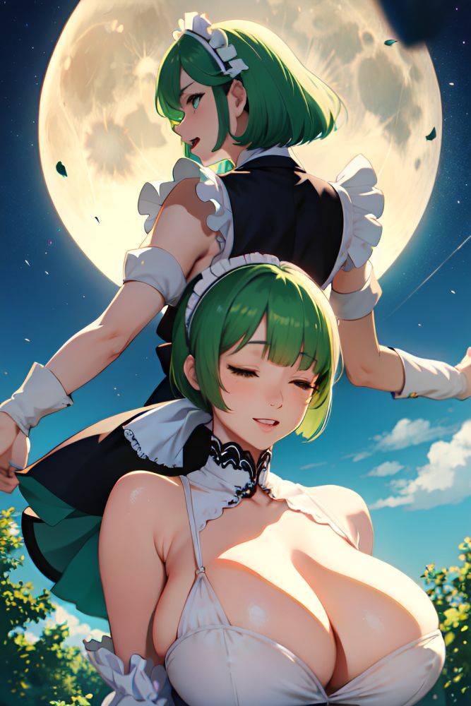 Anime Skinny Huge Boobs 40s Age Laughing Face Green Hair Bobcut Hair Style Light Skin Crisp Anime Moon Back View Sleeping Maid 3684798474356889306 - AI Hentai - #main