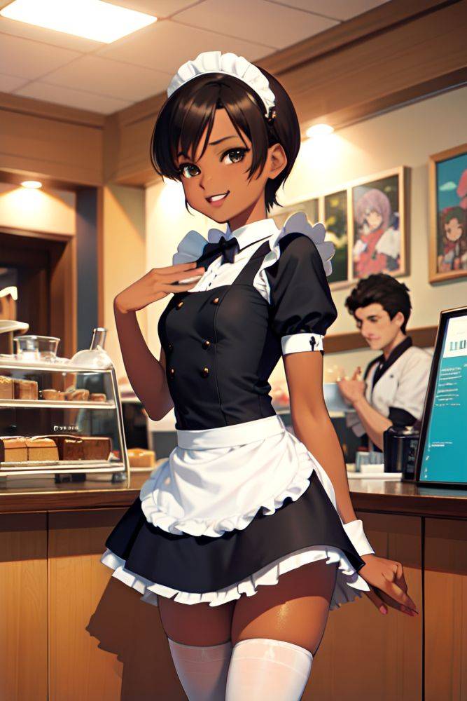 Anime Skinny Small Tits 50s Age Laughing Face Brunette Pixie Hair Style Dark Skin Soft Anime Cafe Front View T Pose Maid 3684871919496458278 - AI Hentai - #main