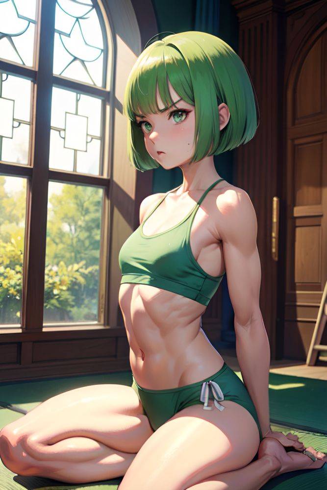 Anime Muscular Small Tits 60s Age Angry Face Green Hair Bobcut Hair Style Light Skin Painting Church Side View Yoga Pajamas 3684953094379109237 - AI Hentai - #main