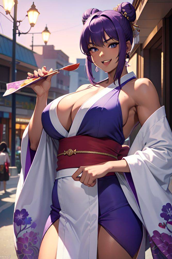 Anime Muscular Huge Boobs 20s Age Laughing Face Purple Hair Hair Bun Hair Style Dark Skin Watercolor Mall Front View Eating Kimono 3685154097636182656 - AI Hentai - #main