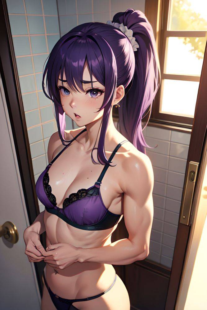 Anime Muscular Small Tits 50s Age Shocked Face Purple Hair Ponytail Hair Style Light Skin Painting Bathroom Front View Sleeping Bra 3685312583145775712 - AI Hentai - #main