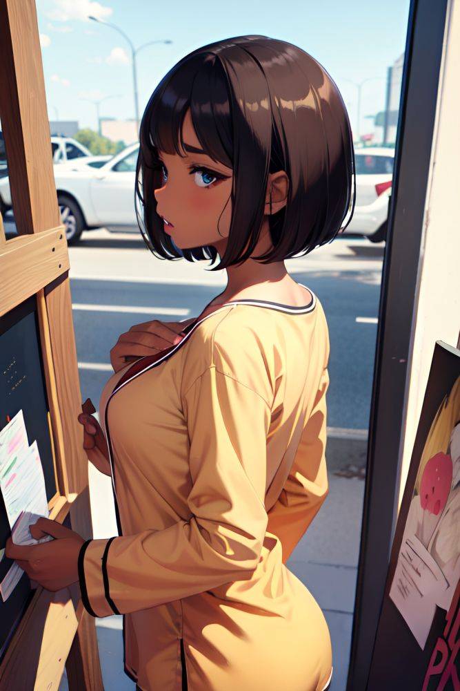 Anime Busty Small Tits 20s Age Shocked Face Brunette Bobcut Hair Style Dark Skin Painting Club Side View On Back Pajamas 3685339641440037535 - AI Hentai - #main