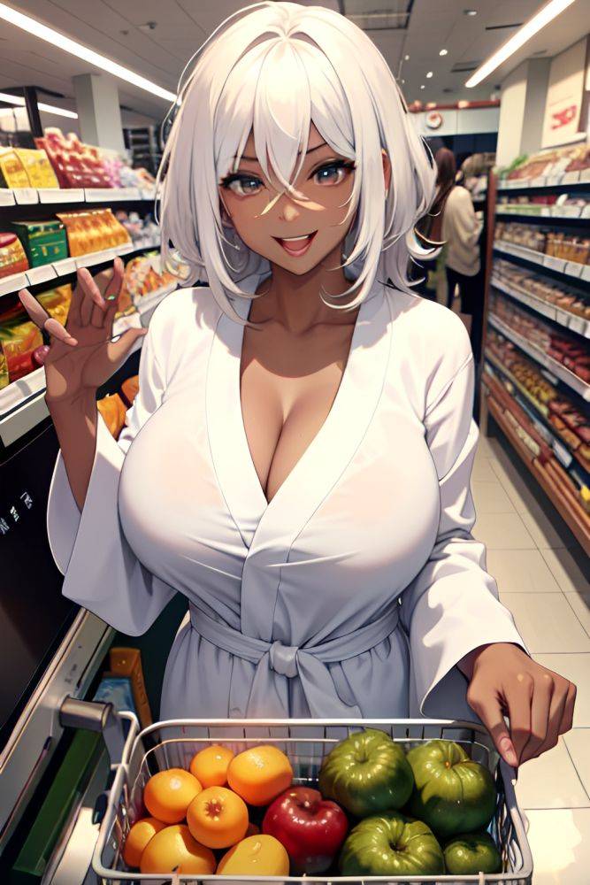 Anime Skinny Huge Boobs 60s Age Laughing Face White Hair Messy Hair Style Dark Skin Soft + Warm Grocery Front View Gaming Bathrobe 3682119702159059473 - AI Hentai - #main