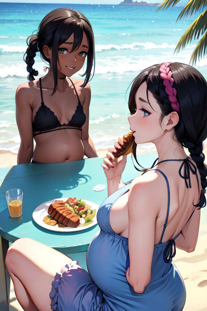 Anime Pregnant Small Tits 60s Age Happy Face Black Hair Braided Hair Style Dark Skin Vintage Beach Back View Eating Fishnet 3685606355585984887 - AI Hentai - #main
