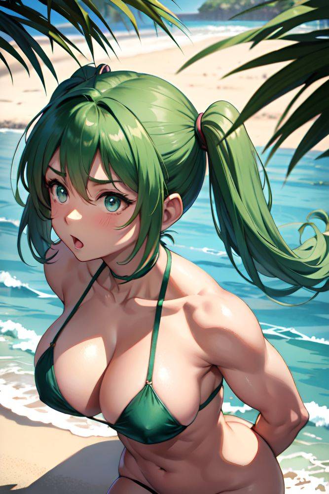 Anime Muscular Huge Boobs 40s Age Shocked Face Green Hair Pigtails Hair Style Dark Skin Watercolor Beach Back View Plank Nude 3685722319629186388 - AI Hentai - #main