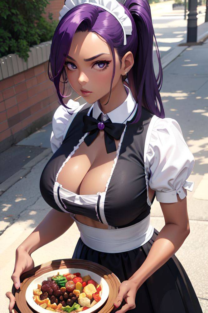 Anime Skinny Huge Boobs 40s Age Serious Face Purple Hair Slicked Hair Style Dark Skin Charcoal Street Front View Eating Maid 3685745513686132047 - AI Hentai - #main