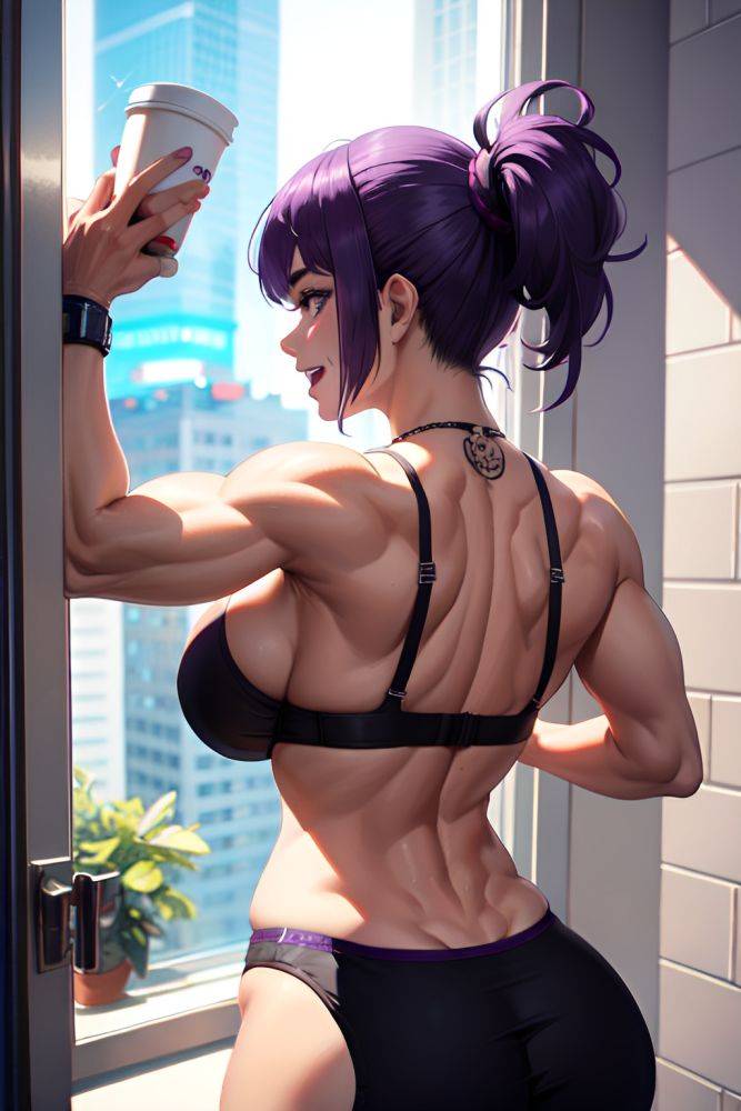 Anime Muscular Huge Boobs 20s Age Laughing Face Purple Hair Pixie Hair Style Light Skin Cyberpunk Bathroom Back View Eating Bra 3685753244627375240 - AI Hentai - #main