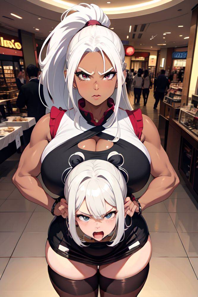 Anime Busty Huge Boobs 80s Age Angry Face White Hair Ponytail Hair Style Dark Skin Vintage Mall Front View Plank Mini Skirt 3685799630274775091 - AI Hentai - #main