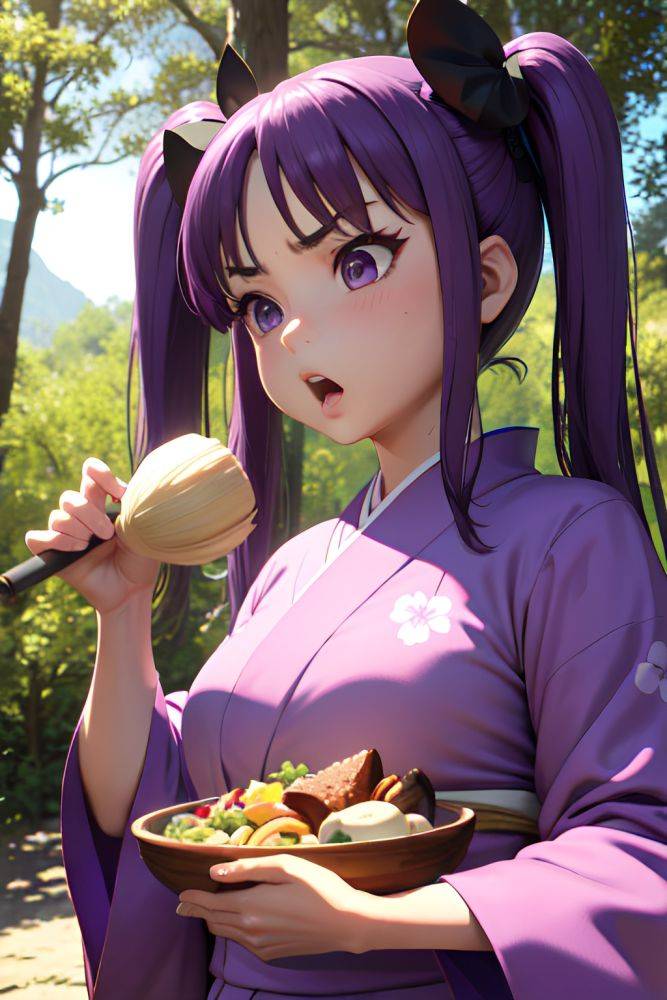 Anime Chubby Small Tits 60s Age Angry Face Purple Hair Pigtails Hair Style Light Skin 3d Forest Front View Eating Kimono 3685811227600840904 - AI Hentai - #main