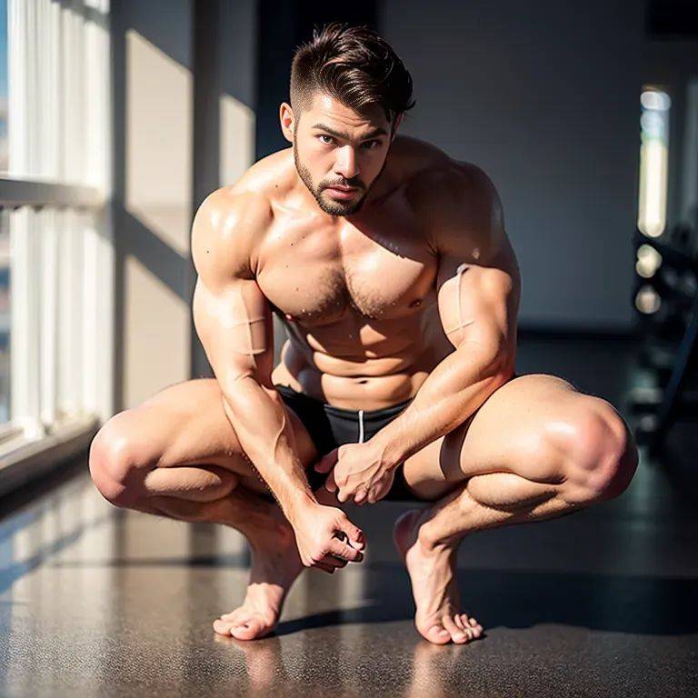 ,manly man,twenties,(RAW photo, best quality, masterpiece:1.1), (realistic, photo-realistic:1.2), ultra-detailed, ultra high res, physically-based rendering,nude,squatting,gym,front view,full body,(adult:1.5) - #main