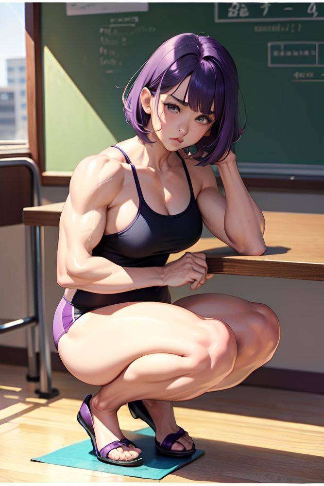 Anime Muscular Small Tits 80s Age Pouting Lips Face Purple Hair Bobcut Hair Style Light Skin Vintage Office Side View Squatting Teacher 3686101136982258389 - AI Hentai - #main