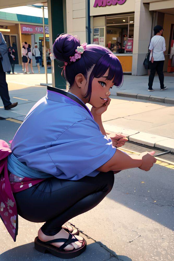 Anime Chubby Small Tits 18 Age Laughing Face Purple Hair Hair Bun Hair Style Dark Skin Vintage Mall Side View Squatting Kimono 3686263485514631081 - AI Hentai - #main