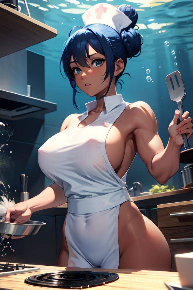 Anime Muscular Huge Boobs 40s Age Shocked Face Blue Hair Hair Bun Hair Style Dark Skin Black And White Underwater Front View Cooking Nurse 3686294412459850739 - AI Hentai - #main