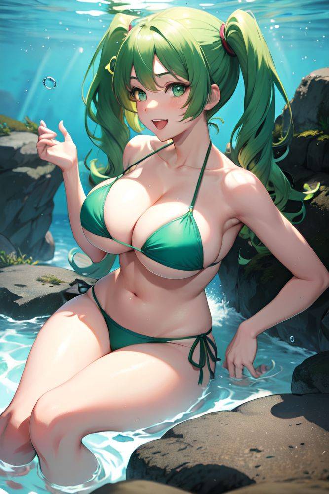 Anime Skinny Huge Boobs 30s Age Happy Face Green Hair Pigtails Hair Style Light Skin Crisp Anime Underwater Side View Bathing Bikini 3686302140372906186 - AI Hentai - #main