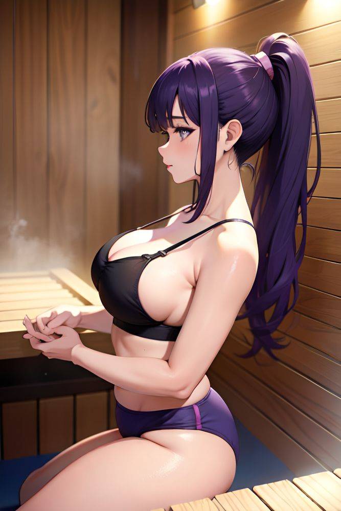 Anime Chubby Small Tits 60s Age Seductive Face Purple Hair Ponytail Hair Style Dark Skin Cyberpunk Sauna Side View Yoga Bra 3686394913288095819 - AI Hentai - #main