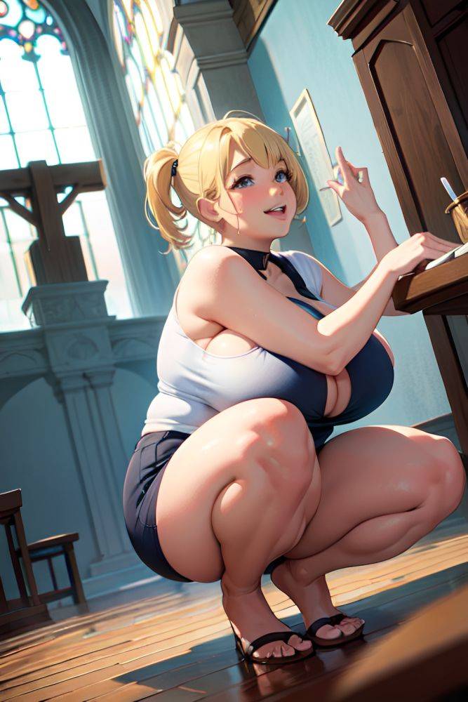 Anime Chubby Huge Boobs 18 Age Laughing Face Blonde Pixie Hair Style Light Skin Painting Church Side View Squatting Teacher 3686433568357491093 - AI Hentai - #main