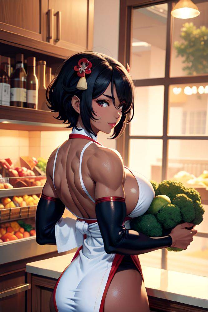 Anime Muscular Huge Boobs 20s Age Happy Face Black Hair Pixie Hair Style Dark Skin Vintage Grocery Back View Cooking Geisha 3686510877458202111 - AI Hentai - #main