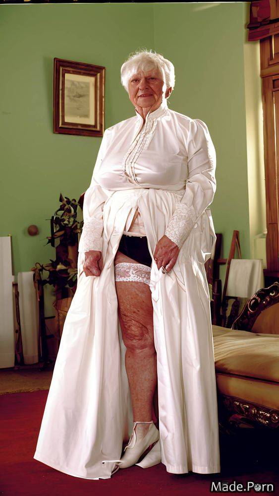 Vintage white hair woman long legs hairy white standing AI porn - #main