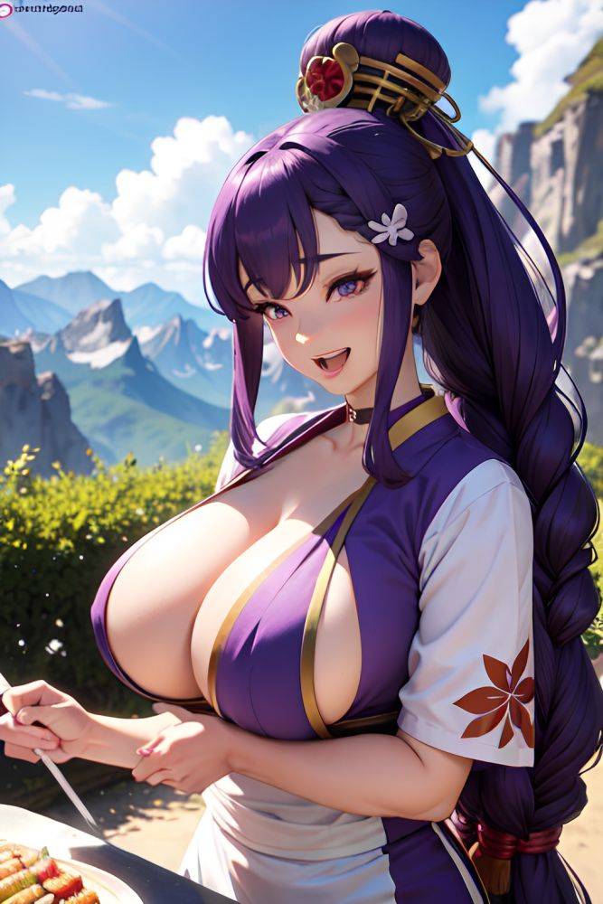 Anime Busty Huge Boobs 70s Age Laughing Face Purple Hair Braided Hair Style Light Skin 3d Mountains Side View Cooking Geisha 3686673225387820222 - AI Hentai - #main