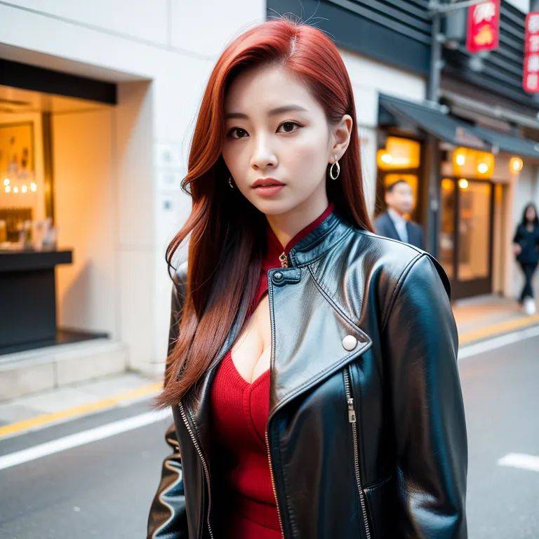 ,korean,kpop idol,woman,twenties,(RAW photo, best quality, masterpiece:1.1), (realistic, photo-realistic:1.2), ultra-detailed, ultra high res, physically-based rendering,slicked back,red hair,beautiful,cool,huge - #main