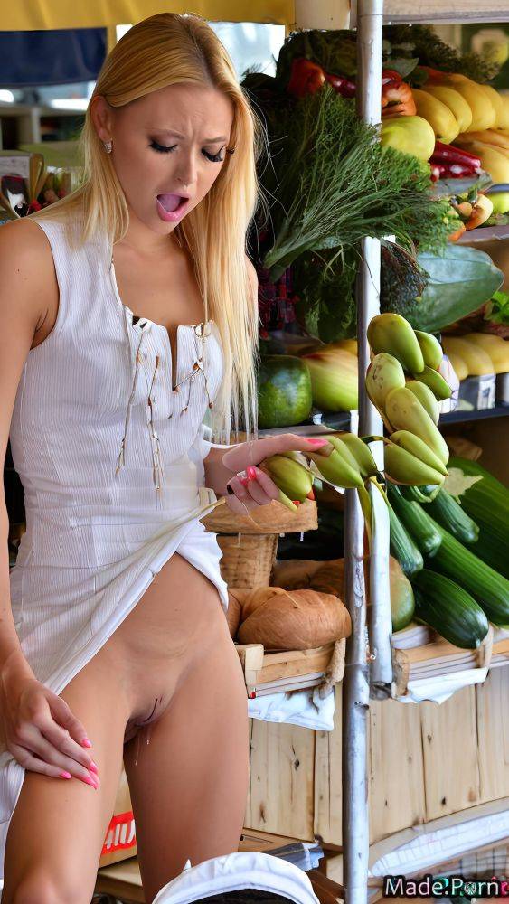 Farmers market photo angry close up bottomless sundress looking at viewer AI porn - #main