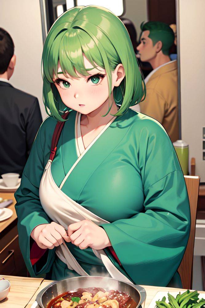 Anime Chubby Small Tits 50s Age Serious Face Green Hair Bangs Hair Style Light Skin Soft + Warm Train Front View Cooking Kimono 3687233719783786684 - AI Hentai - #main